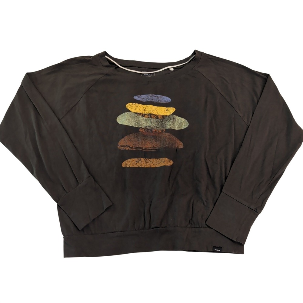 prAna Graphic Long Sleeve Tee Womens Large Stacked Zen Cairn Stones Gray Organic
